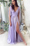 Sexy V Neck Purple Chiffon Long Prom Dress with Slit, Long Formal Dress OM0019