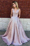 Simple A-Line Deep V-Neck Long Lilac Printed Satin Prom Dresses with Pockets PDF35