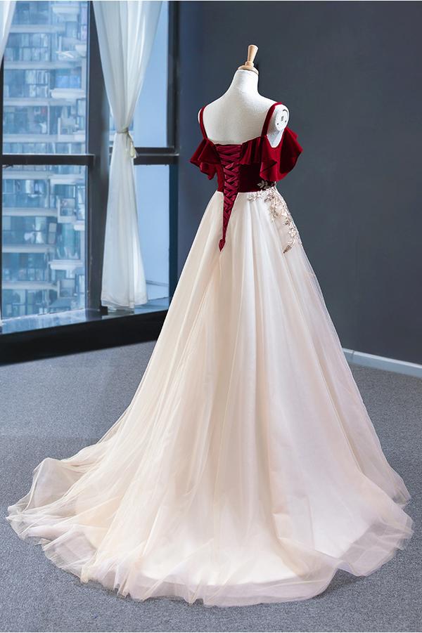 Vintage A-line Off-the-shoulder Red Straps Tulle Party Dresses, Appliques Prom Dress OM0003