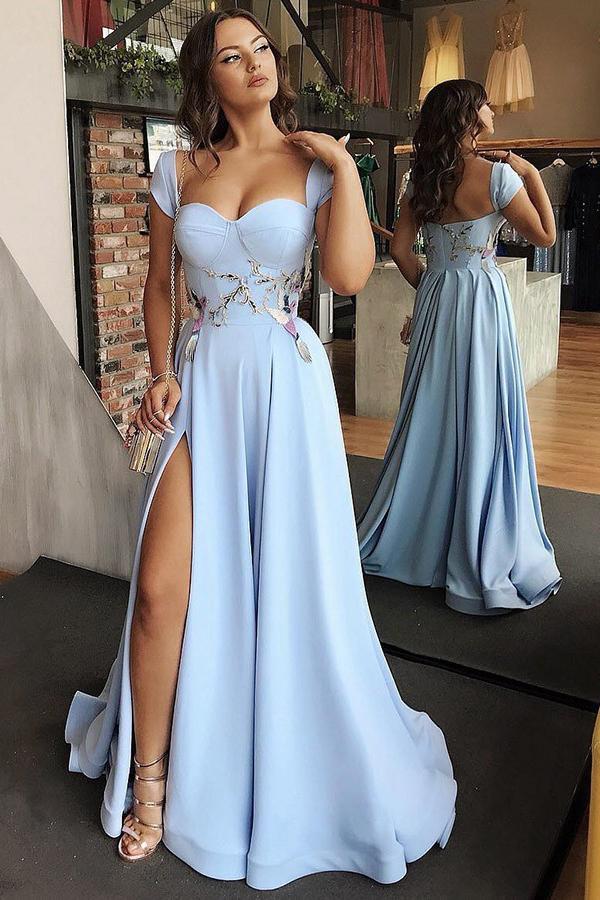 A-Line Cap Sleeves Floor-Length Light Blue Prom Dress with Appliques Split PDI97