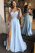 A-Line Cap Sleeves Floor-Length Light Blue Prom Dress with Appliques Split PDI97