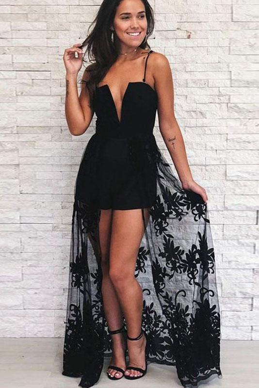 A Line Spaghetti Strap Black High Low Prom Dress With Lace PDQ62
