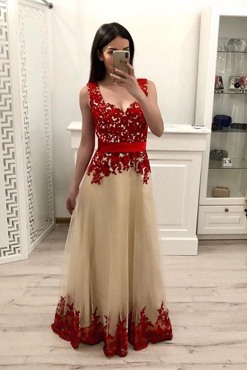 A Line Tulle Long Prom Dress With Red Appliques,Junior Party Prom Dresses PDI15