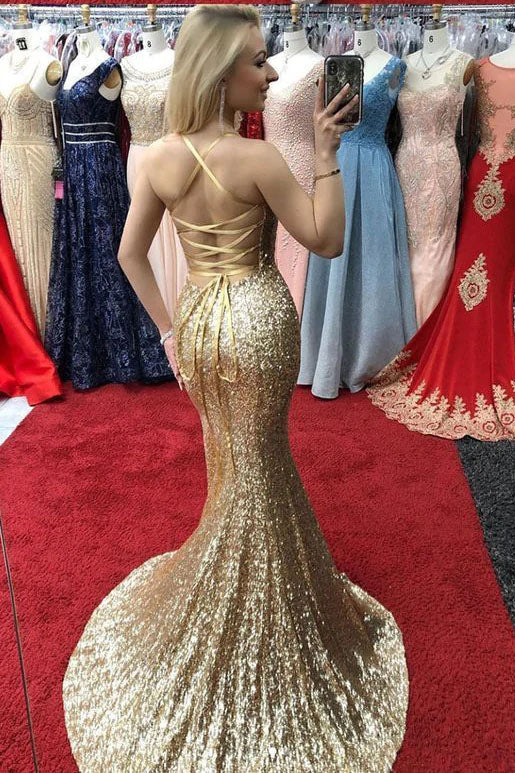 Gold Sequins V Neck Mermaid Long Sleeveless Prom Dress, Sparkly Slit Formal Dress OM0240