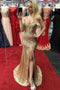 Gold Sequins V Neck Mermaid Long Sleeveless Prom Dress, Sparkly Slit Formal Dress OM0240