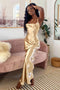 Sexy Gold Mermaid Prom Dresses Spaghetti Straps Long Sleeveless Evening Dresses OM0227