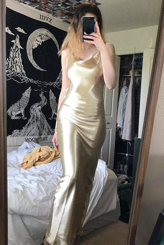 Sexy Gold Mermaid Prom Dresses Spaghetti Straps Long Sleeveless Evening Dresses OM0227