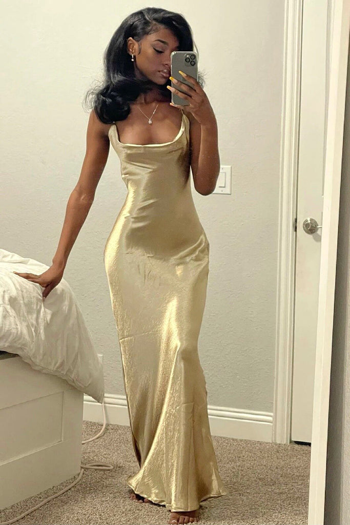 Sexy Gold Mermaid Prom Dresses Spaghetti Straps Long Sleeveless Evening Dresses OM0227