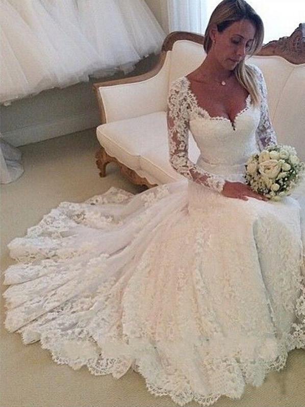 Gorgeous Ivory Lace Long Sleeves Bridal Dresses Wedding Dresses PDP82