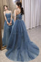 Gorgeous A line Blue Spaghetti Straps Tulle Tiered Prom Dress, Sparkly Evening Dress With Beads OM0301