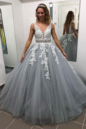 Gray V Neck Long Prom Dress for Teens, Puffy Appliqued Ball Gown with Beading PDH75