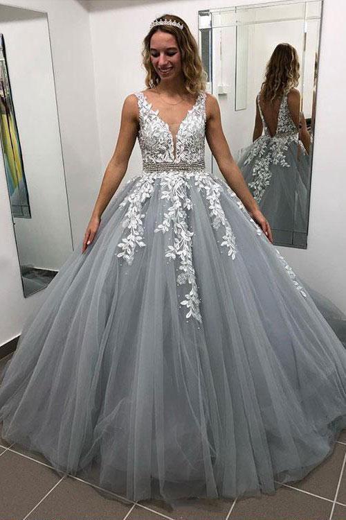 Gray V Neck Long Prom Dress for Teens, Puffy Appliqued Ball Gown with trendtydresses Gray V Neck Long Prom Dress for Teens, Puffy Appliqued Ball Gown with trendtydresses