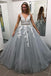 Gray V Neck Long Prom Dress for Teens, Puffy Appliqued Ball Gown with Beading PDH75