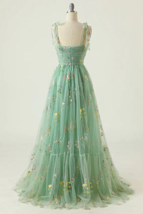 Gorgeous A Line Green Embroidery Sweetheart Tulle Prom Dresses 2023, Dance Dress OM0370