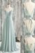 Simple A line Green V neck Chiffon Lace Long Prom Dresses, Bridesmaid Dresses OM0119
