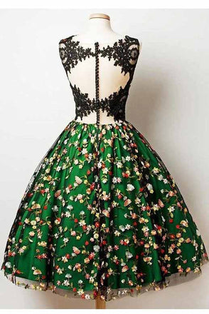 A Line Green Knee Length Lace Homecoming Dress With Appliques, Hi-Lo Dresses OMH0164