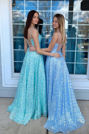 Scoop A Line Spaghetti Straps Sequins Long Prom Dresses, Sparkly Formal Dress OM0098