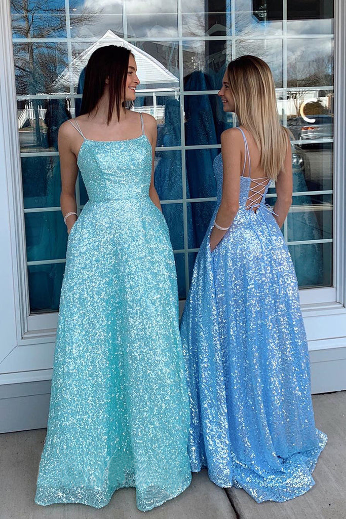 Scoop A Line Spaghetti Straps Sequins Long Prom Dresses, Sparkly Formal Dress OM0098