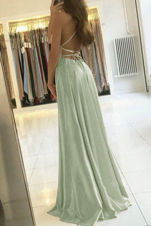 Simple A Line Sage Green Long Prom Dress With Slit, Evening Formal Dresses OM0147
