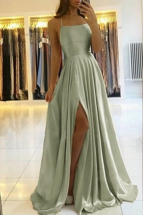 Simple A Line Sage Green Long Prom Dress With Slit, Evening Formal Dresses OM0147