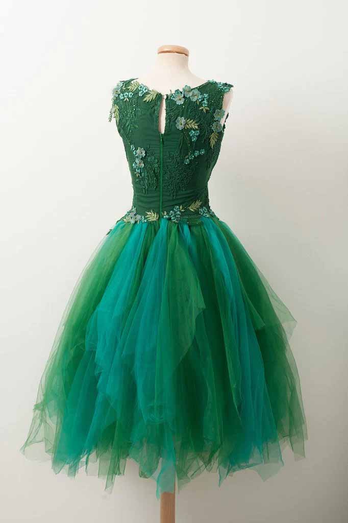 Green Tulle V Neck Hand Made Flowers Short Prom Dress, Homecoming Dresses OMH0160