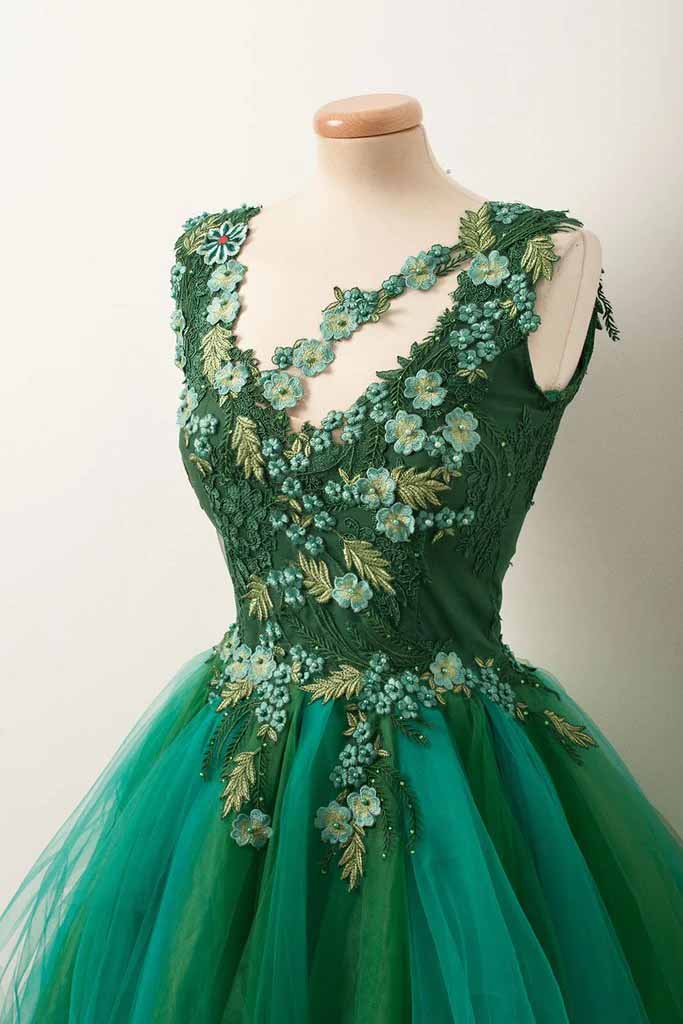 Green Tulle V Neck Hand Made Flowers Short Prom Dress, Homecoming Dresses OMH0160