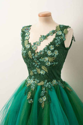 Green Tulle V Neck Hand Made Flowers Short Prom Dress, Homecoming Dresses OMH0160