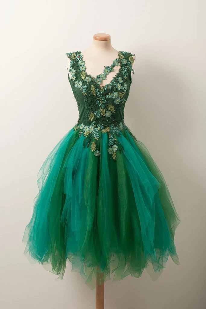 Green Tulle V Neck Hand Made Flowers Short Prom Dress, Homecoming Dresses OMH0160