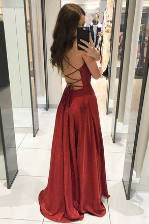 Sparkly A line Burgundy V neck Long Prom Dresses, Simple Evening Dresses OM0032