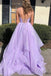 Princess A-line V-neck Lavender Tiered Spaghetti Straps Long Prom Dresses OM0002