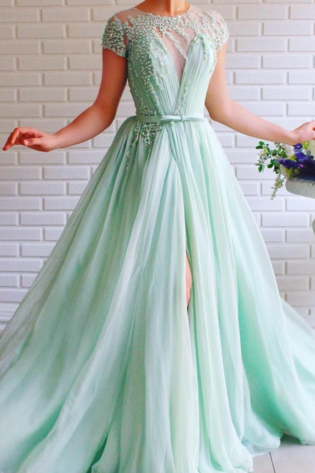 Chic A-line Mint Green Long Short Sleeves Prom Dresses Beading Tulle Evening Dress PD200