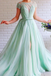 Chic A-line Mint Green Long Short Sleeves Prom Dresses Beading Tulle Evening Dress PD200