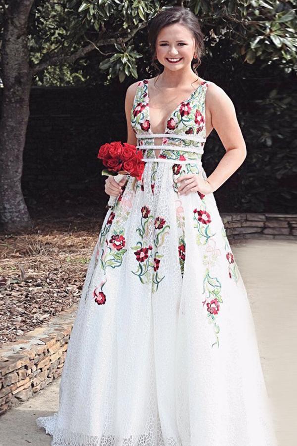 Cheap V Neck Prom Dresses Floor Length Formal Party Dress with Appliques PDJ2