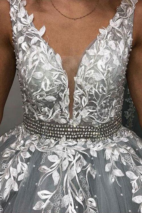Gray V Neck Long Prom Dress for Teens, Puffy Appliqued Ball Gown with Beading PDH75