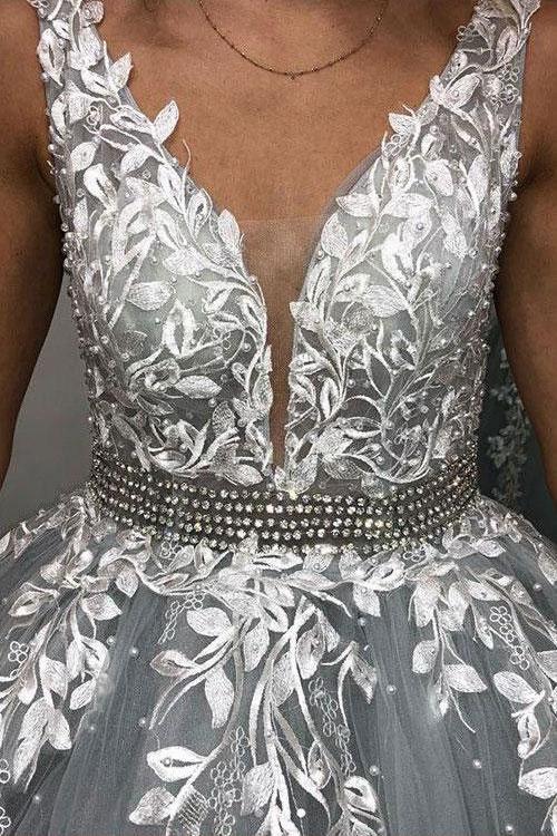 Gray V Neck Long Prom Dress for Teens, Puffy Appliqued Ball Gown with trendtydresses Gray V Neck Long Prom Dress for Teens, Puffy Appliqued Ball Gown with trendtydresses