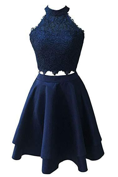 Two Piece Dark Blue Short Homecoming Dress with Lace, A Line Satin Graduation Dress PPD55