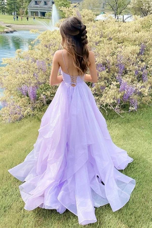 Princess A-line V-neck Lavender Tiered Spaghetti Straps Long Prom Dresses OM0002