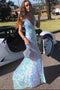 Sparkly Light Blue Sequins Mermaid V Neck Prom Dresses, Long Evening Dresses OM0064