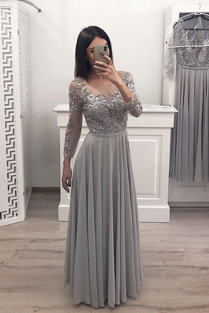 A Line Gray Chiffon Long Sleeves Prom Dresses, Cheap Appliques Evening Gown PDI12