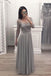 A Line Gray Chiffon Long Sleeves Prom Dresses, Cheap Appliques Evening Gown PDI12