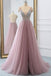Dusty Pink A Line Tulle Prom Dress, V Neck Long Graduation Dress with Rhinestone PDJ48