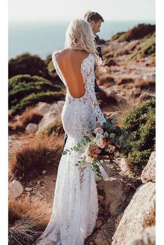 Long Sleeve Lace V Neck Backless Mermaid Boho Wedding Dresses,Beach Wedding Gown trendtydresses Long Sleeve Lace V Neck Backless Mermaid Boho Wedding Dresses,Beach Wedding Gown trendtydresses