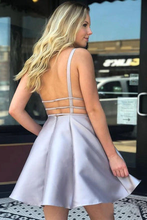 Sexy Deep V Neck Silver Satin Homecoming Dresses Backless Mini Short Prom Dresses SK38