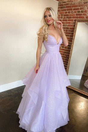 Purple V Neck Spaghetti Straps Prom Dresses, Shiny Sequins Dance Dresses OM0035