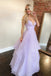 Purple V Neck Spaghetti Straps Prom Dresses, Shiny Sequins Dance Dresses OM0035