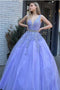 Elegant A Line V Neck Open Back Purple Lace Appliques Evening Dress, Long Prom Dress OM0017