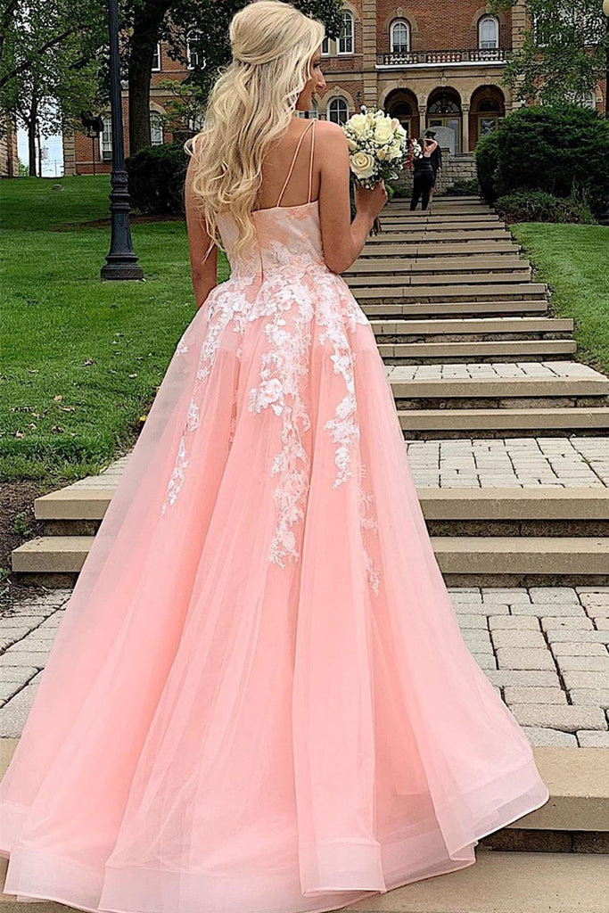 Elegant A Line Spaghetti Straps Tulle Scoop Prom Dresses with Lace Appliques, Evening Dresses SK30