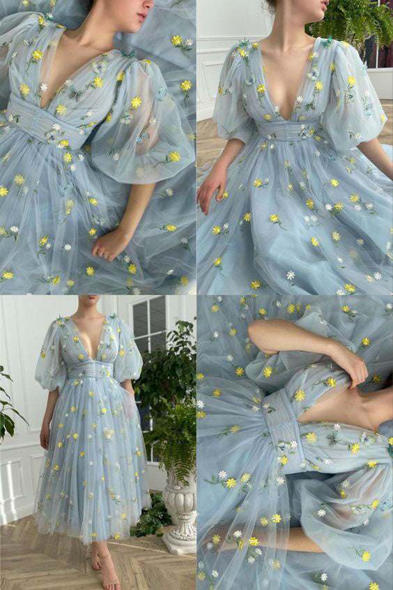 A line Half Sleeves Sky Blue Tea Length V neck Tulle Short Prom Homecoming Dress OMH0012