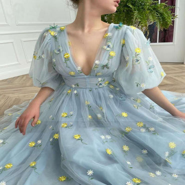A line Half Sleeves Sky Blue Tea Length V neck Tulle Short Prom Homecoming Dress OMH0012