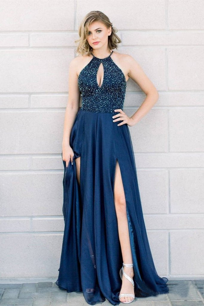 Halter Beaded Navy Blue Long Prom Dresses with Slit Elegant Formal Party Dress PD7